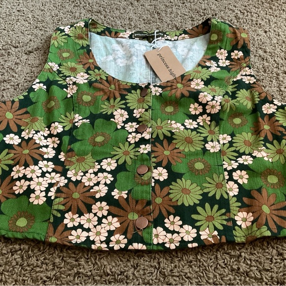 NWT~Princess Highway 60’s 70’s Inspired Green, Brown, & Cream Floral Vest, Large - Picture 2 of 7